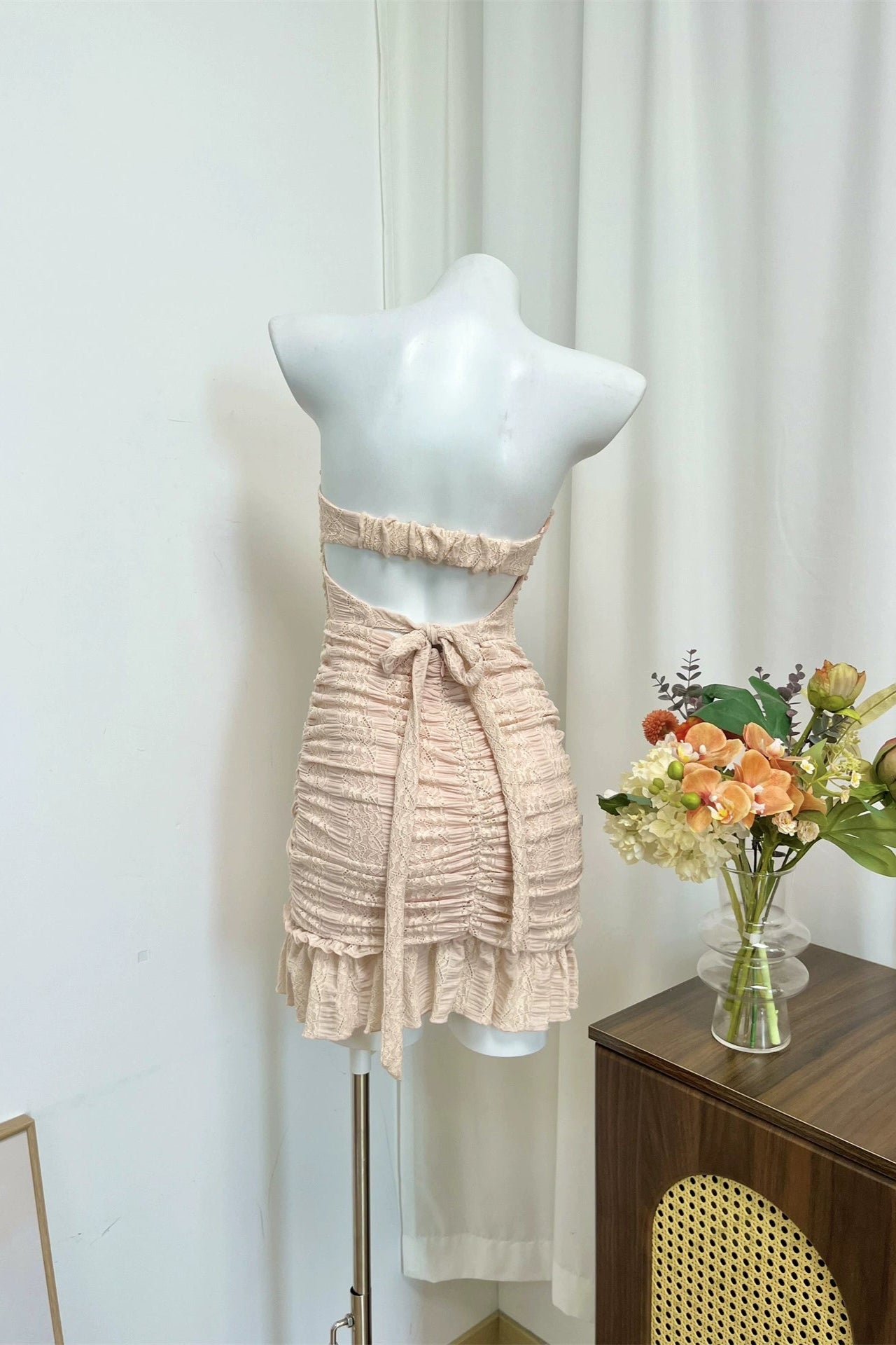 lace pleated backless bandeau mini dress
