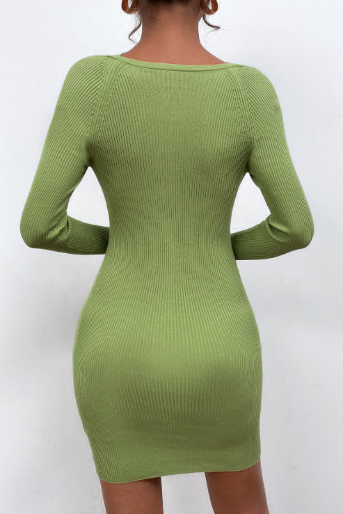 green long sleeve halterneck hip knitted dress