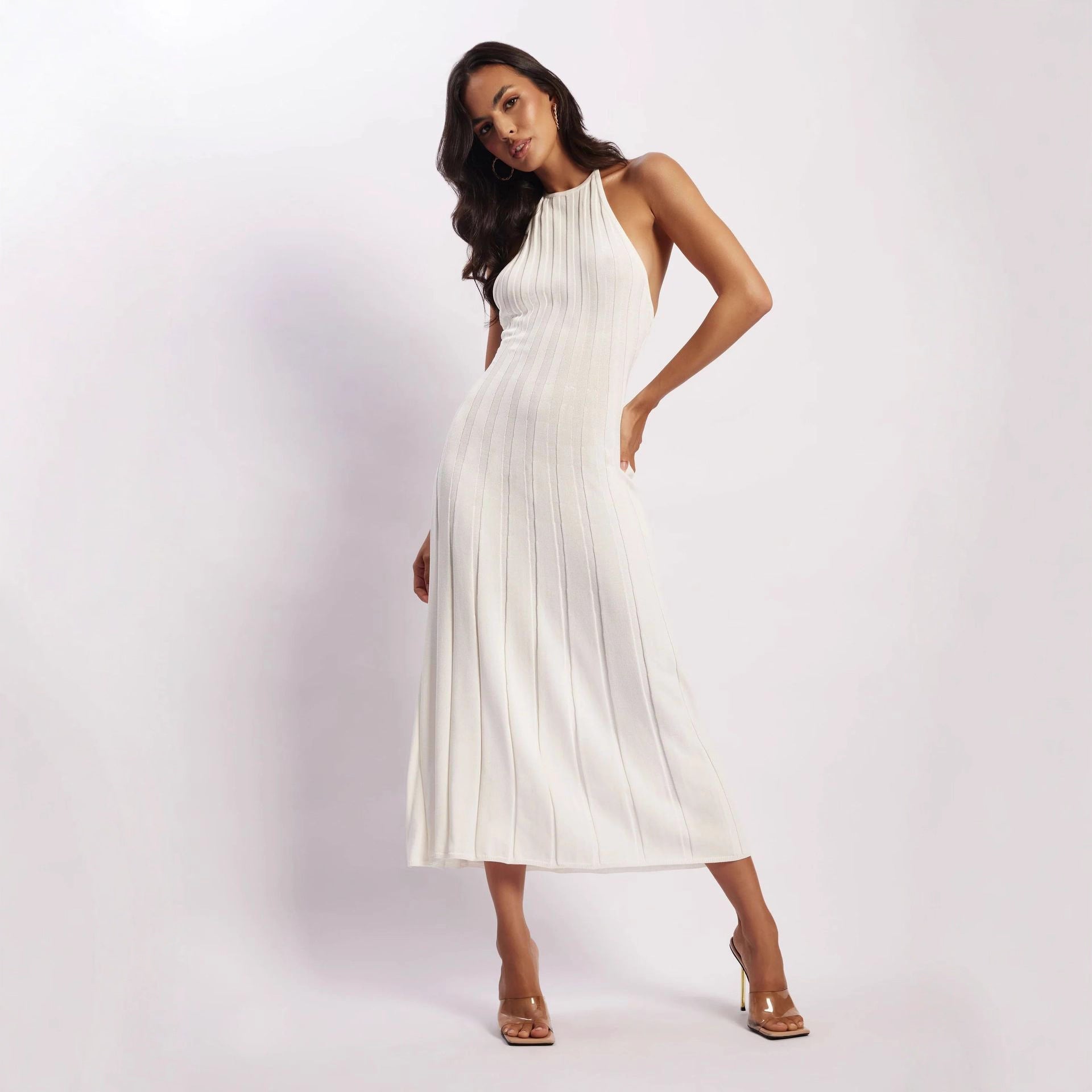 jessie white Backless knitted pleated dress