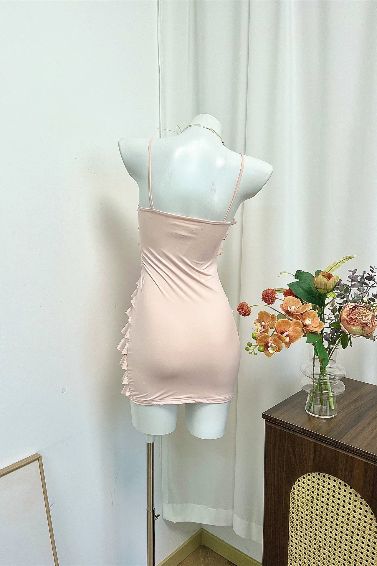 pink ruffled camisole mini dress