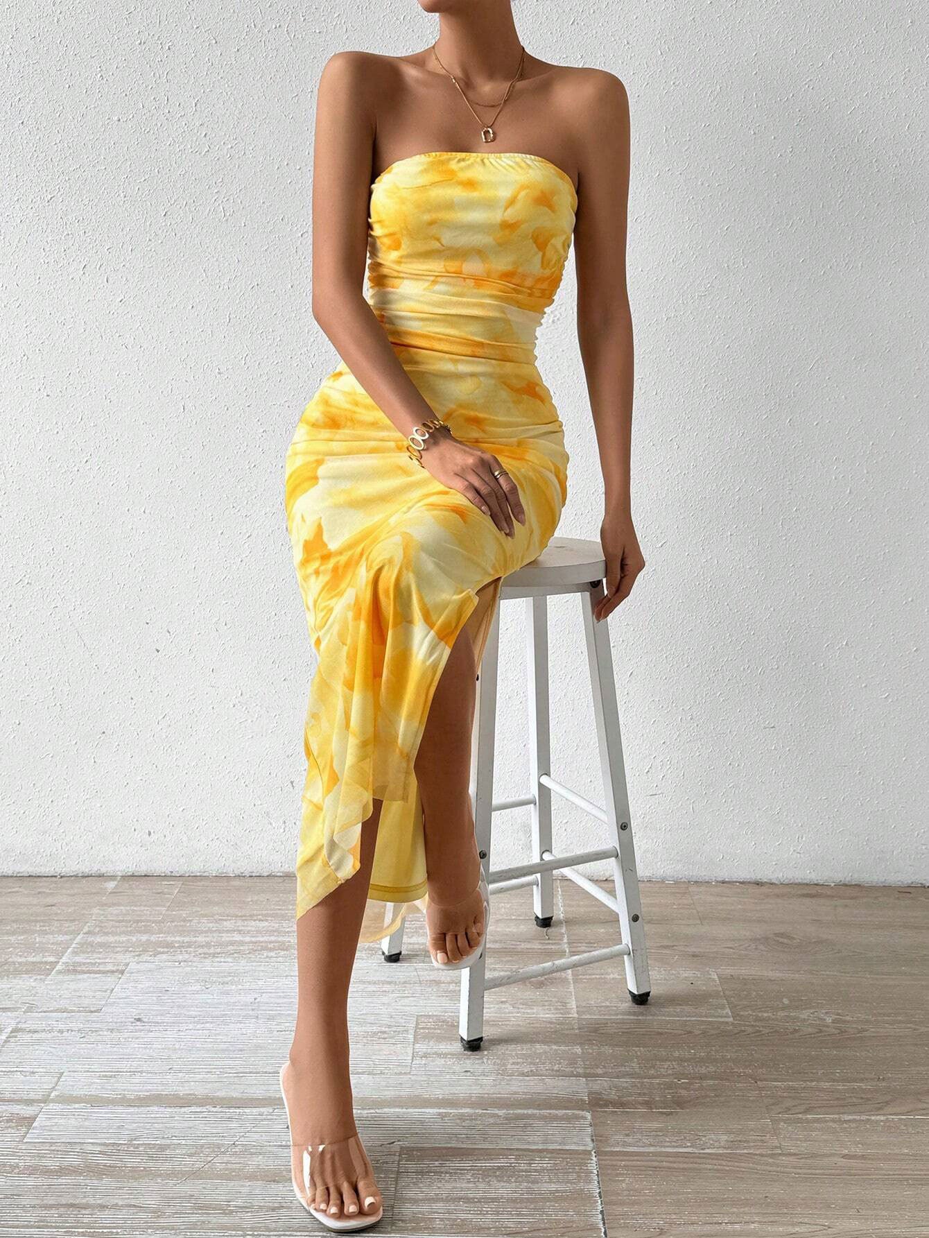 yellow Mesh Print High-Waisted Slit Strapless Bodycon dress