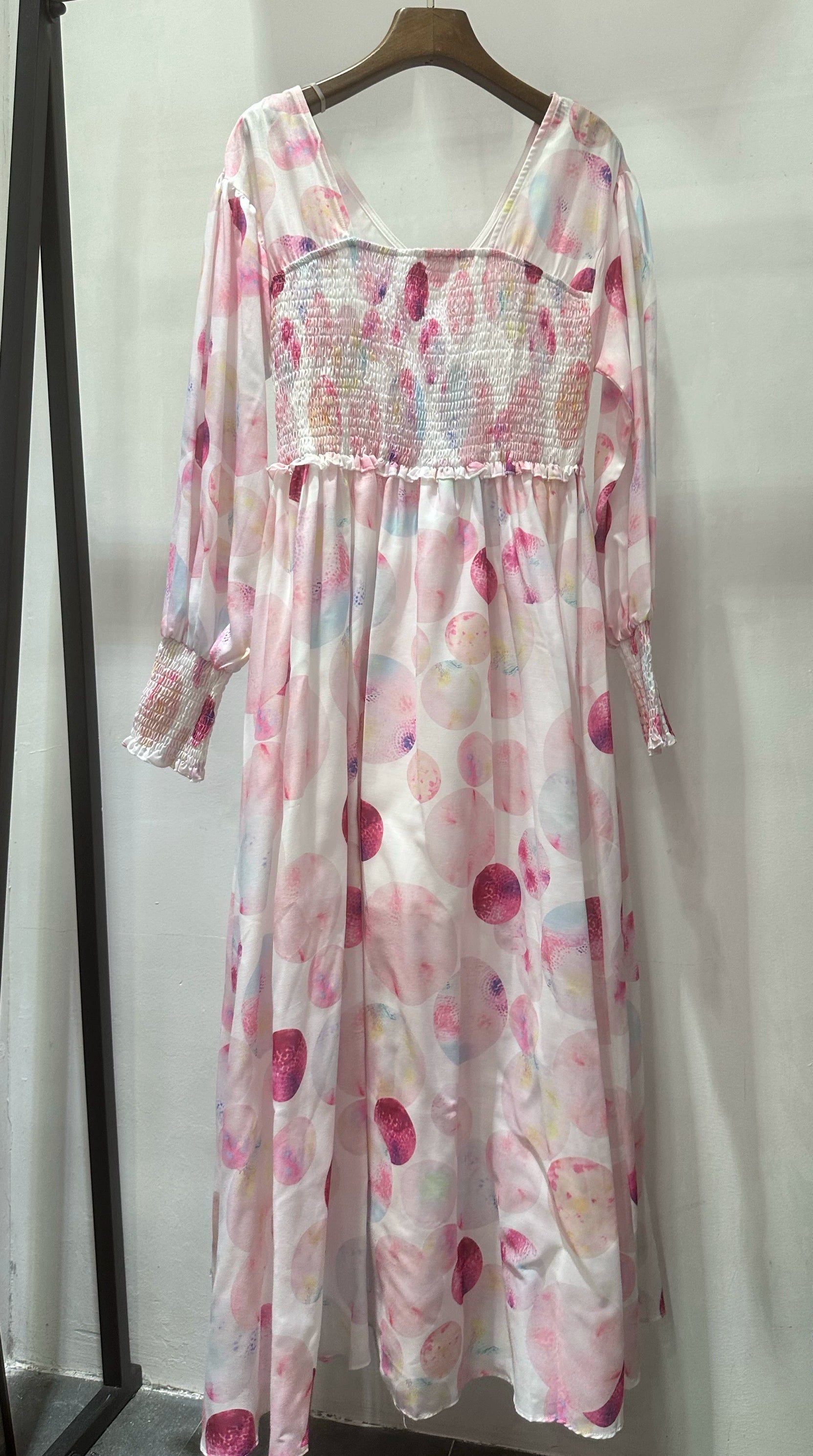 Pink Print V-Neck Elasticated Midi Dress