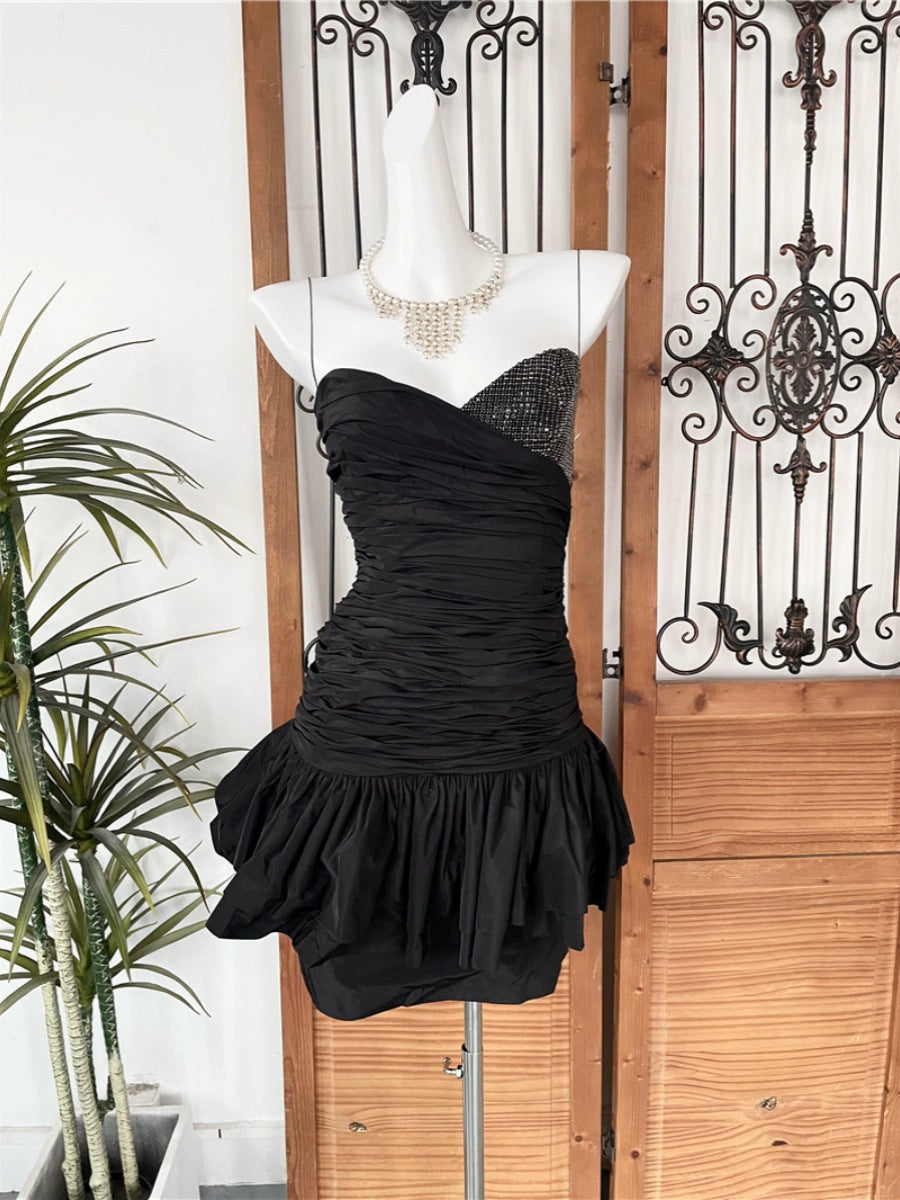 strapless Layer pinched pleated bandeau diamond ruffle slim mini dress