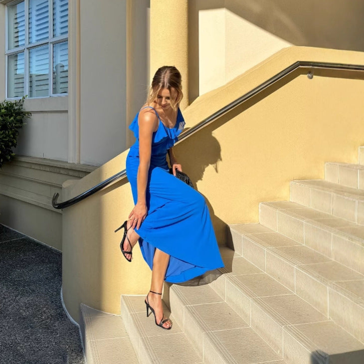 Ruffled sleeveless backless halter dress