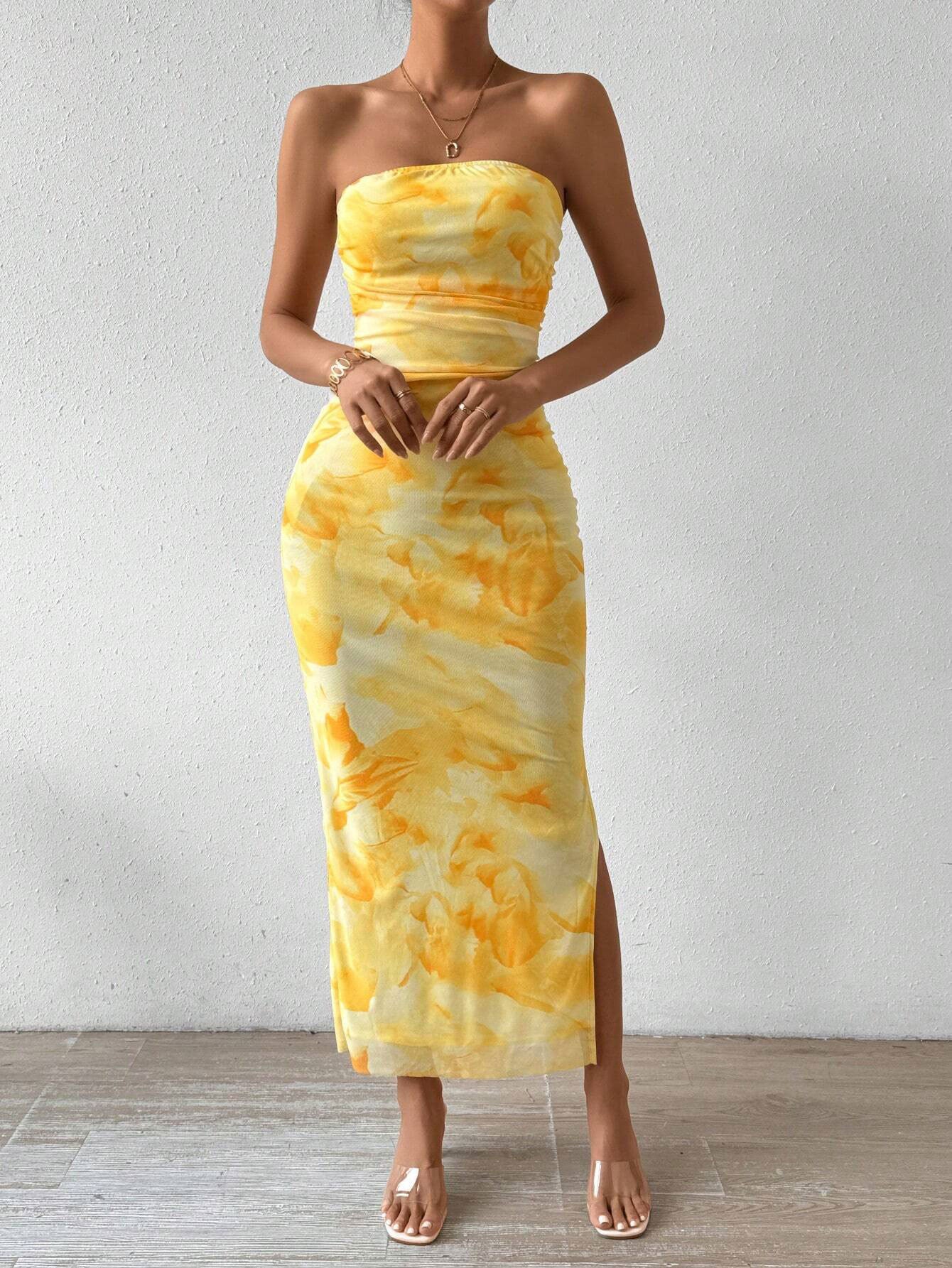 yellow Mesh Print High-Waisted Slit Strapless Bodycon maxi dress