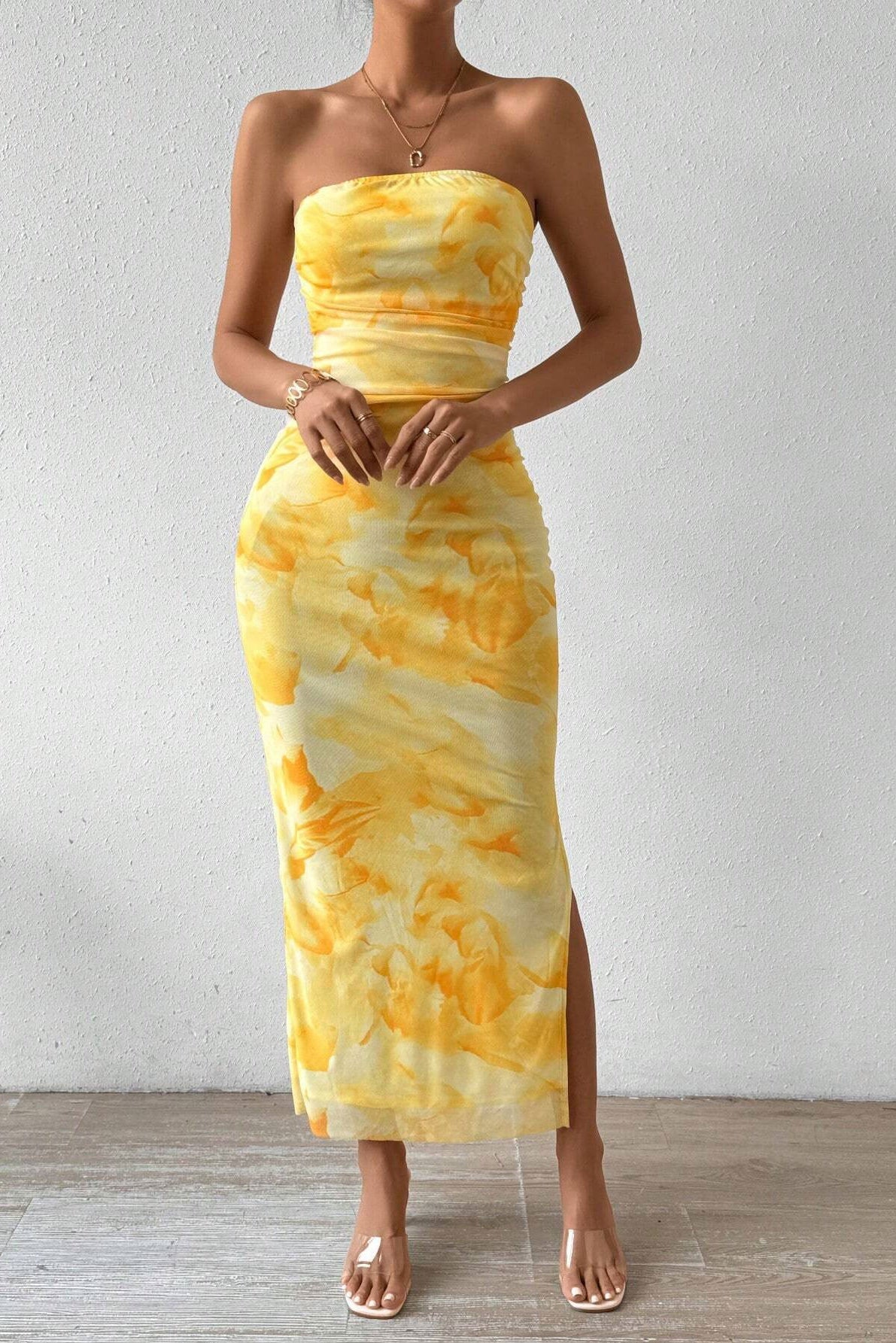 yellow Mesh Print High-Waisted Slit Strapless Bodycon dress
