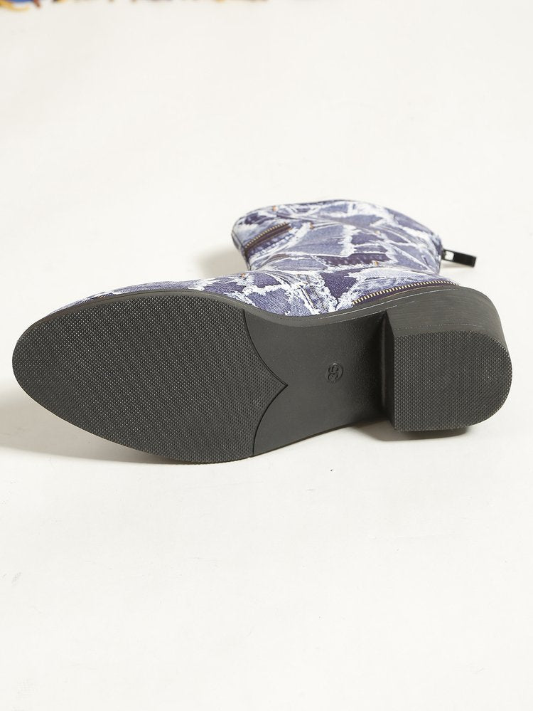 Denim patch embellished ankle boots