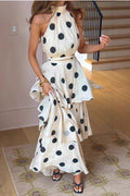 polka dot print halterneck sleeveless top skirt set