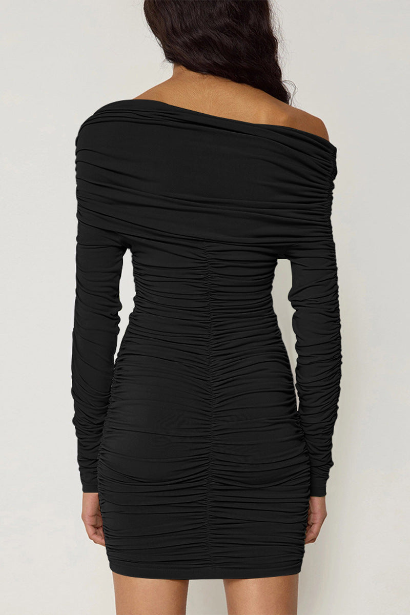 black Off-the-shoulder long sleeve  pleated bodycon mini dress