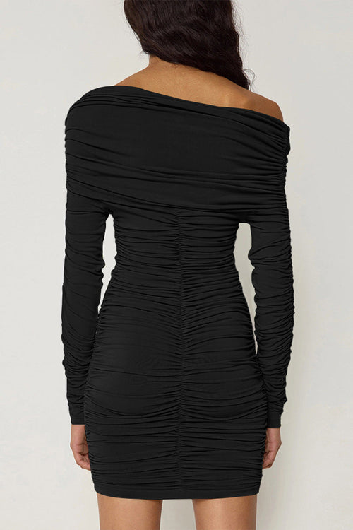 black Off-the-shoulder long sleeve  pleated bodycon mini dress
