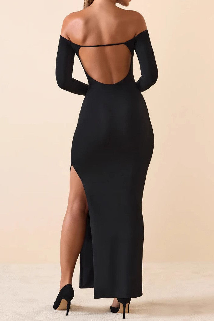 Off-the-shoulder long-sleeved side-slit bodycon maxi dress