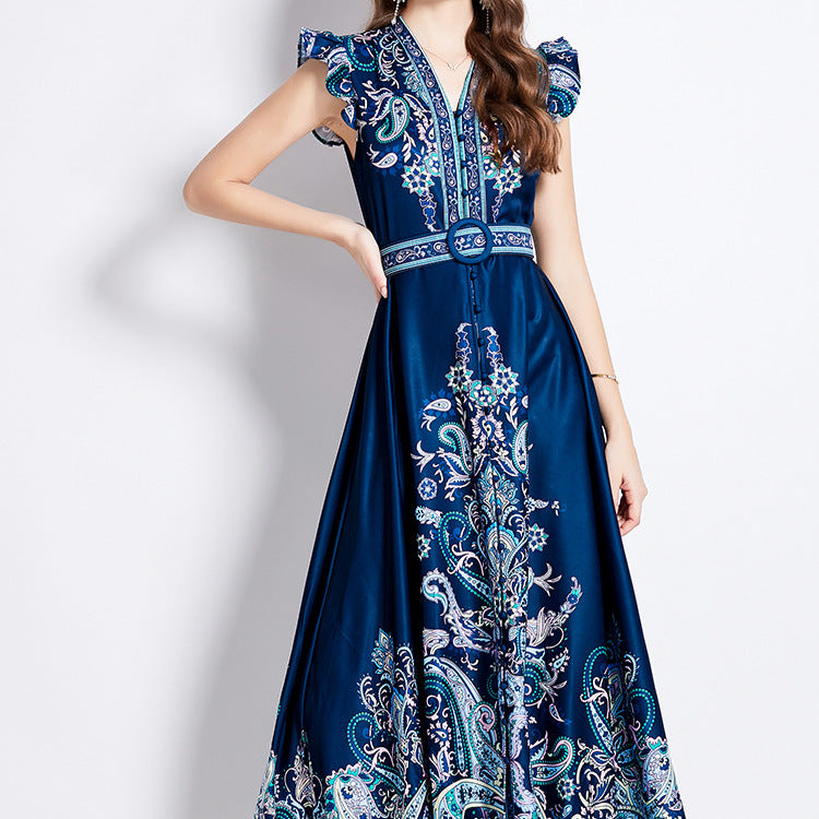 Printed V-neck lantern sleeve single-breasted dress