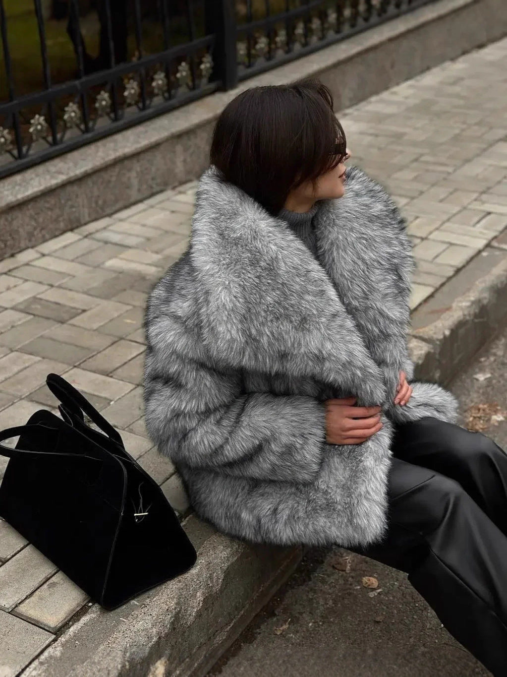 artificial leather fox fur jacket in Gray