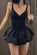 Lace-trimmed puffy mini dress