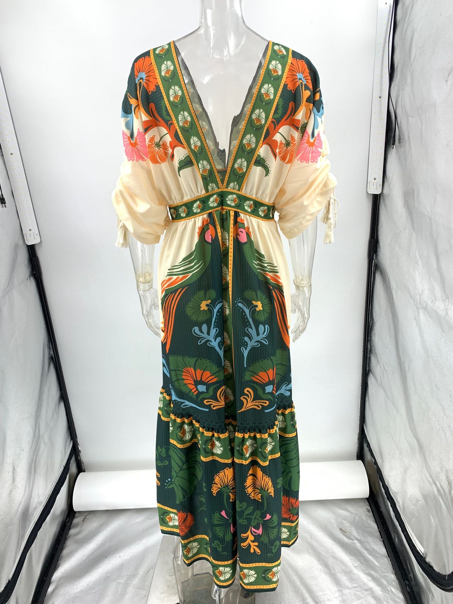 V-neck printed linen maxi dress