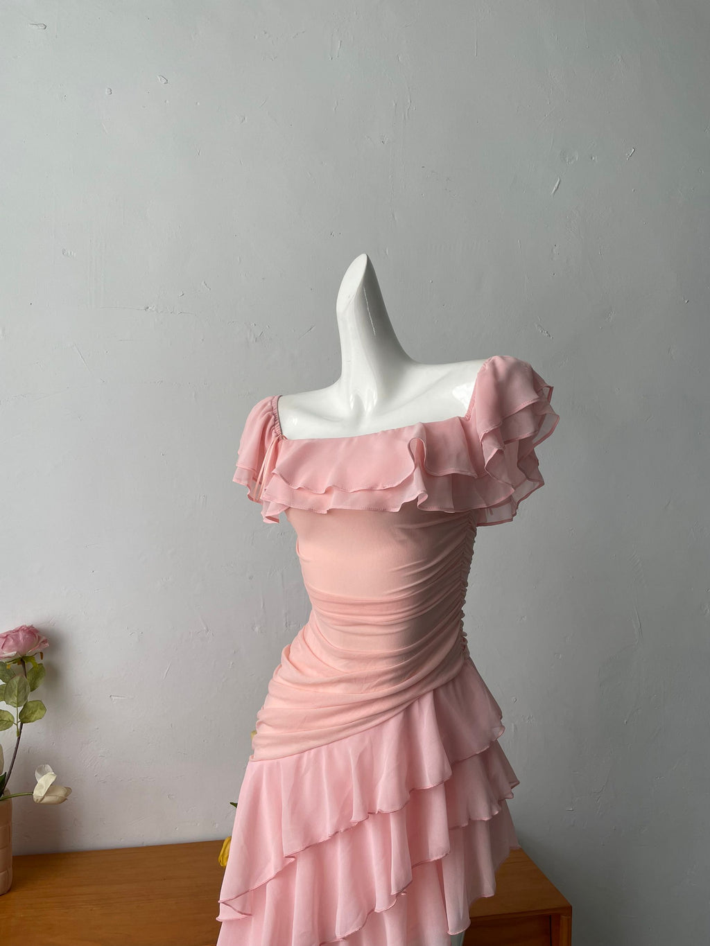 pink ruffle one shoulder mini dress