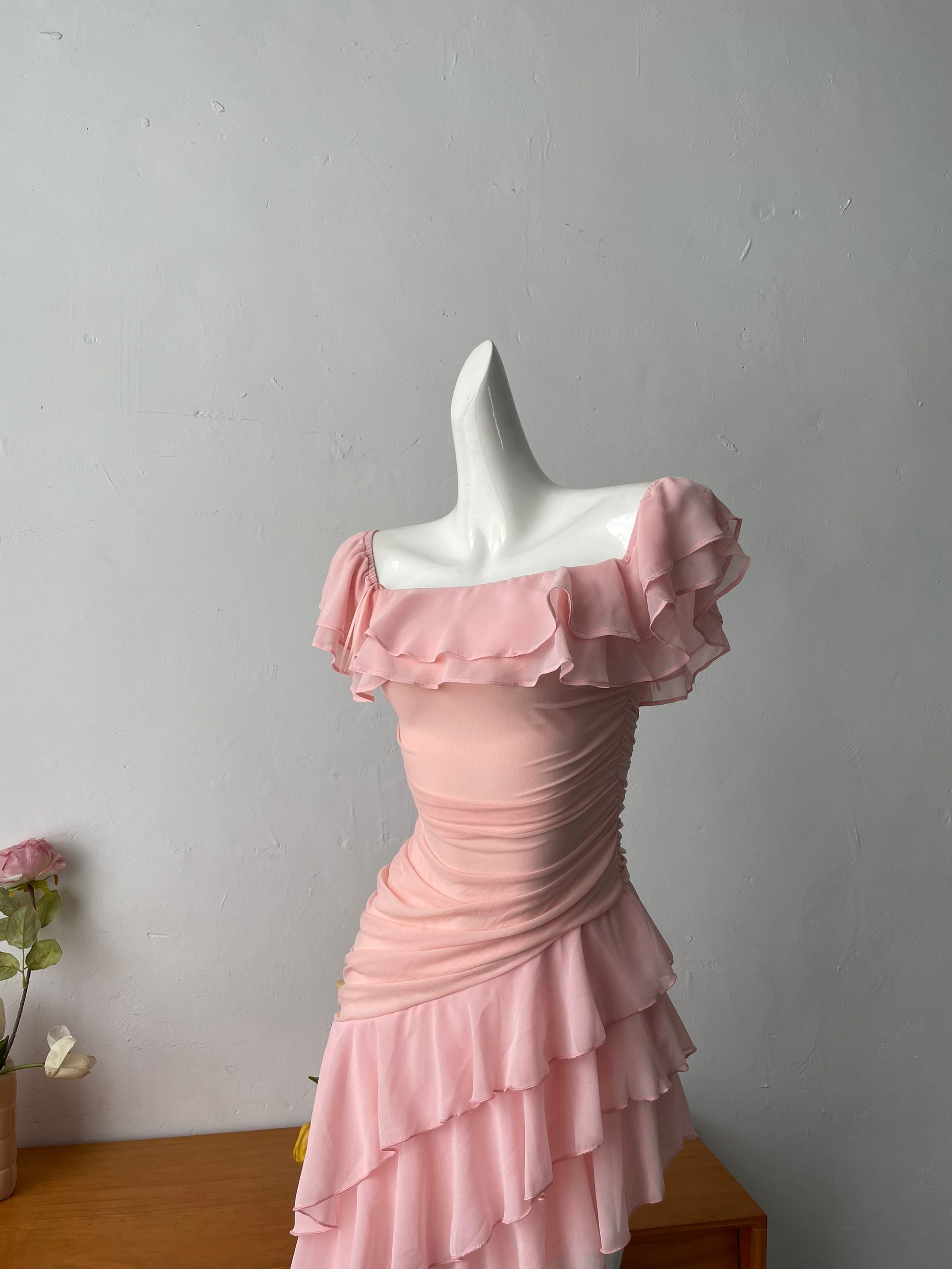 pink ruffle one shoulder mini dress