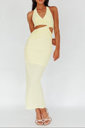 yellow hollow halterneck textured dress