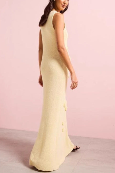 yellow three-dimensional flower knitted maxi dress
