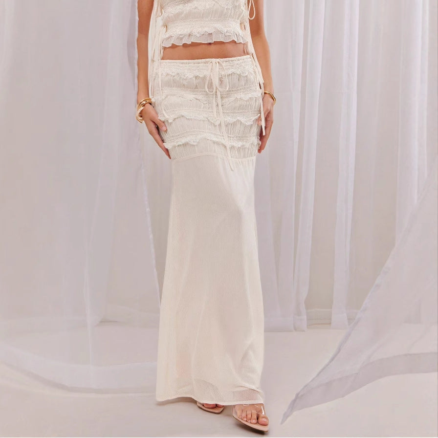 Lace-trimmed camisole top and skirt two-piece set