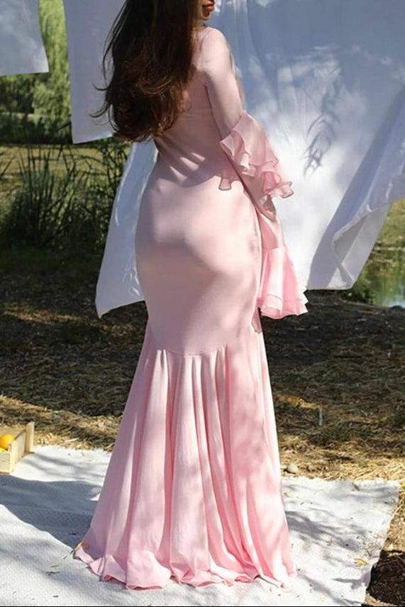 pink splicing irregular flared sleeve dress