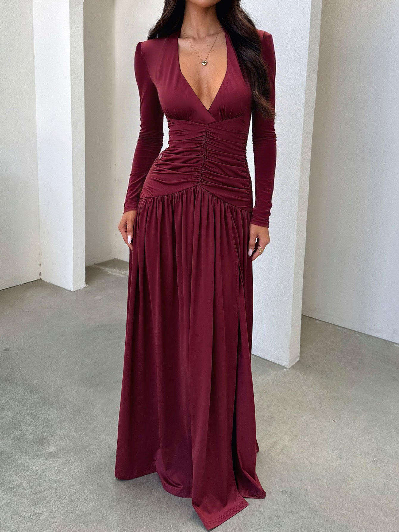 red Deep V Long Sleeve maxi Dress