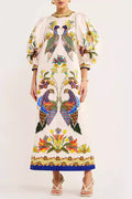 Printed peacock three-quarter sleeve round neck dress