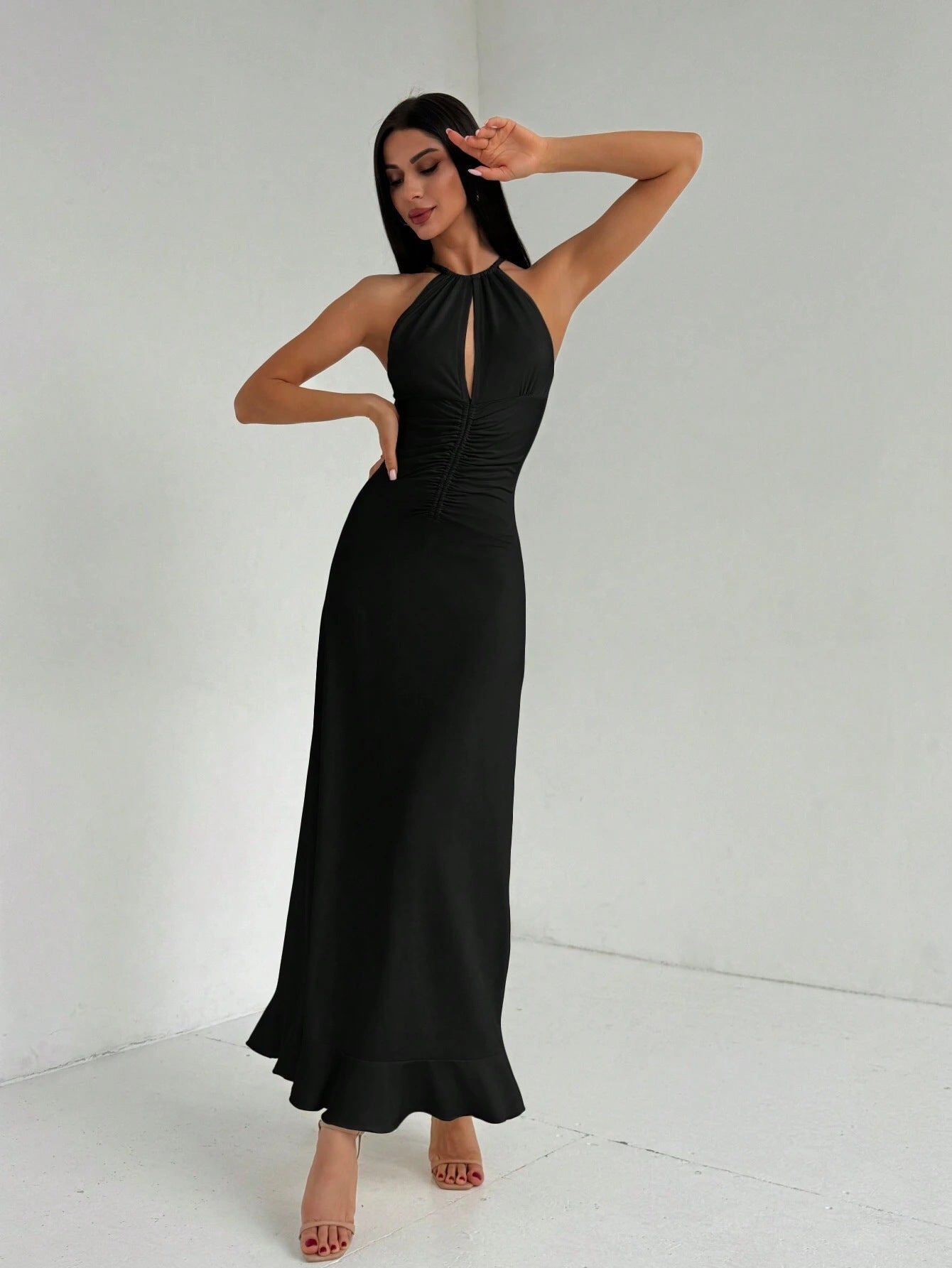 V-neck sleeveless halter maxi dress in black