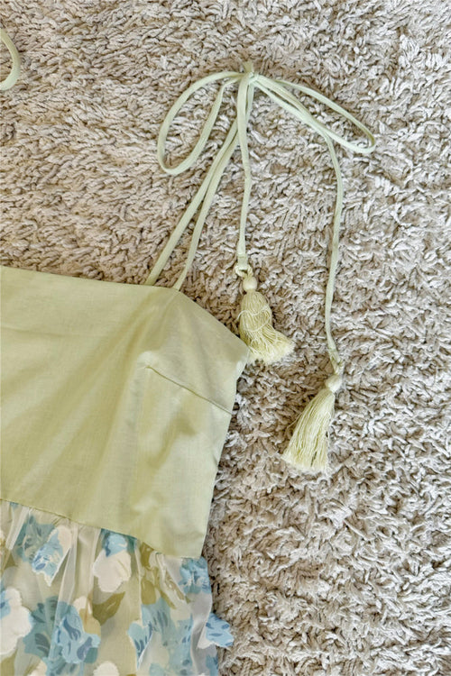 flower mesh bow tassel lace-up light green dress