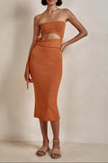 orange cut-out backless bandeau lace-up knitted dress