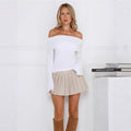 white Knitted long-sleeved off-the-shoulder pullover sweater top