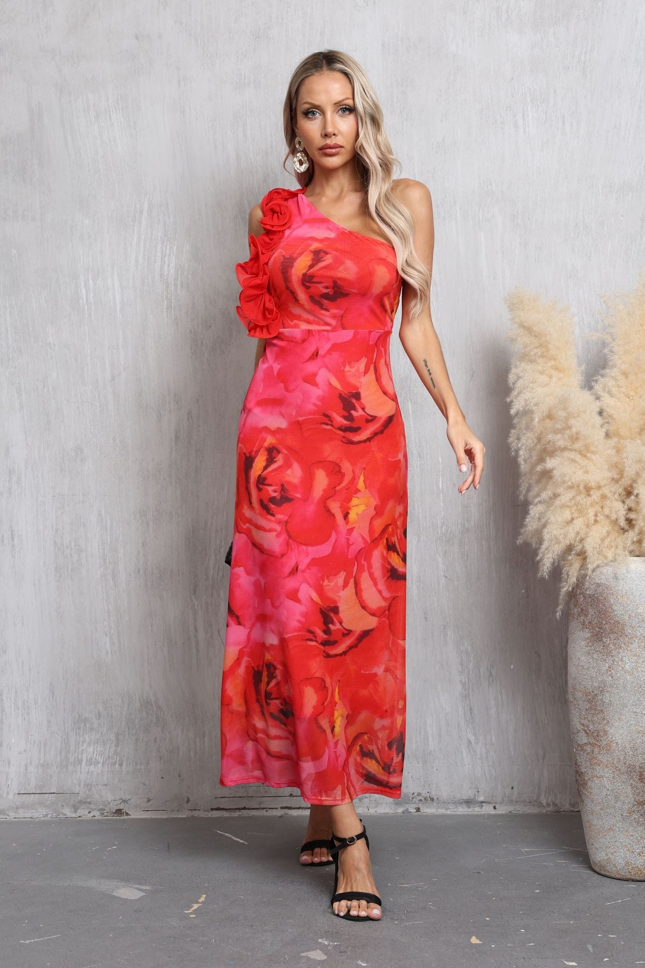 red sleeveless slanted shoulder floral printed dress