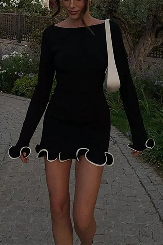 black Ruffled long-sleeved knit dress