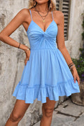 blue V-neck spaghetti strap A-line mini dress