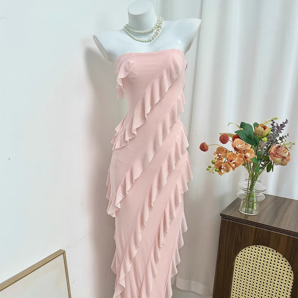 pink multi-layer mesh side wavy bandeau dress