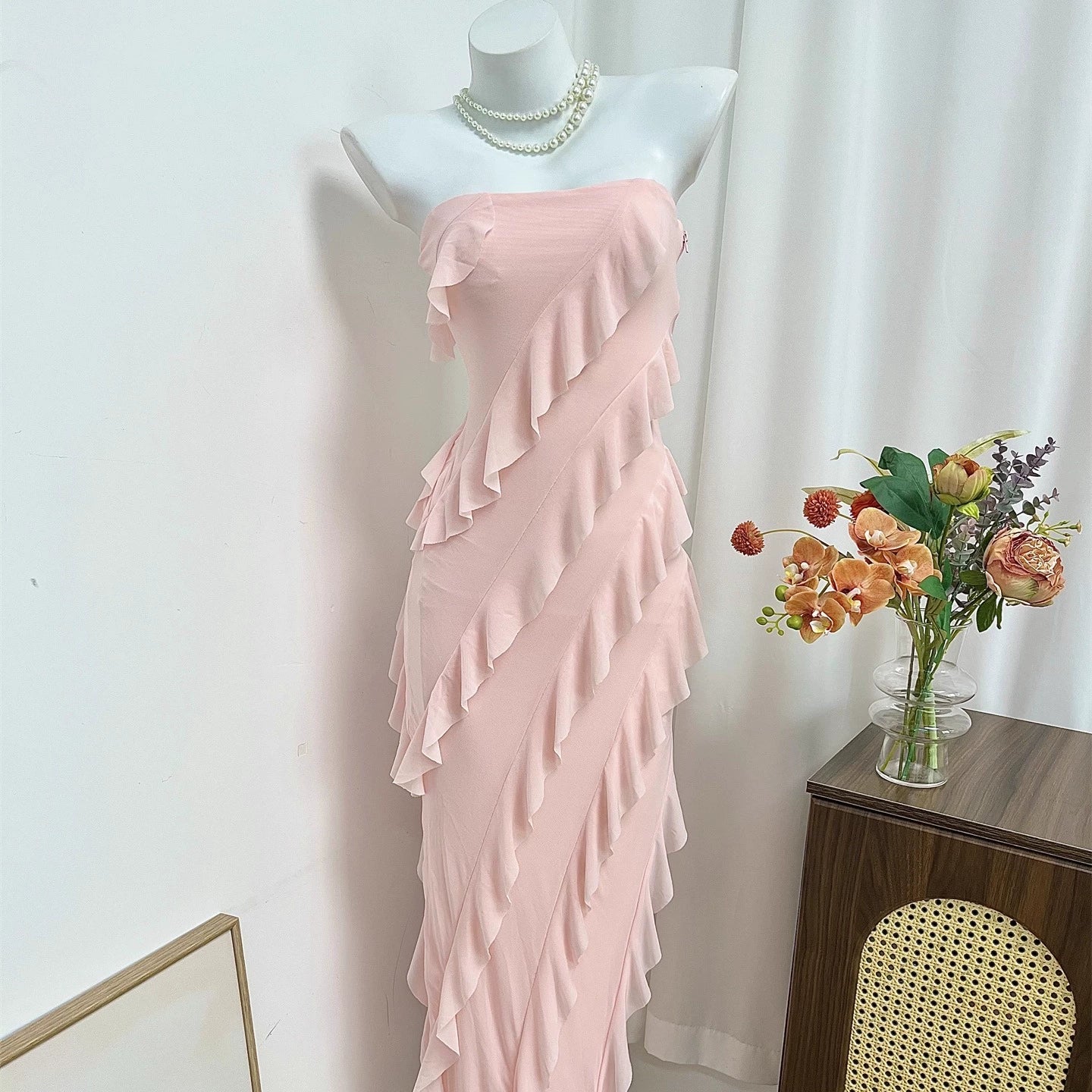pink multi-layer mesh side wavy bandeau dress