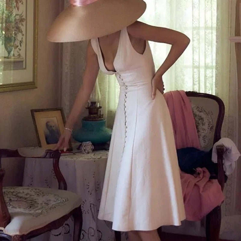 lily V-neck fitted waist midi dress