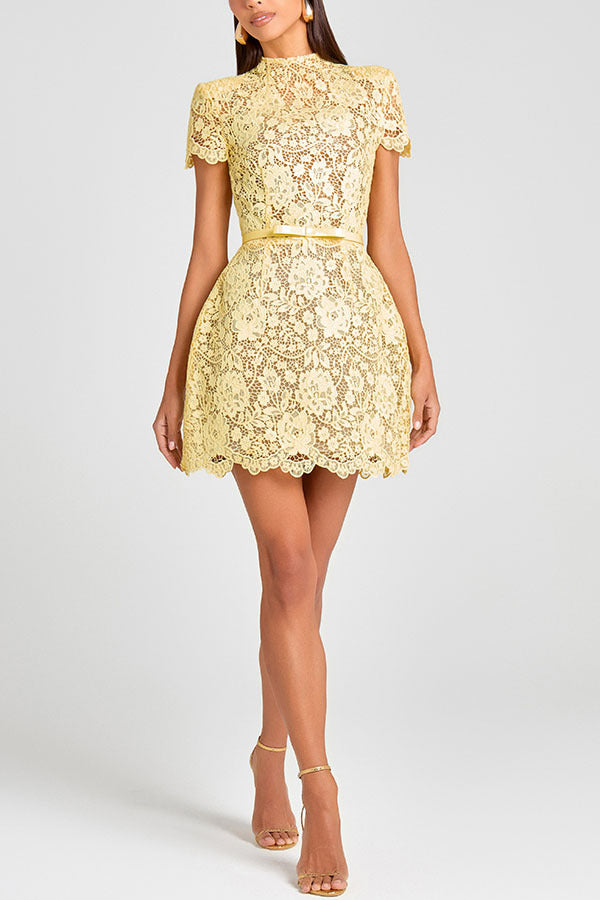 Yellow round neck lace trim mini dress