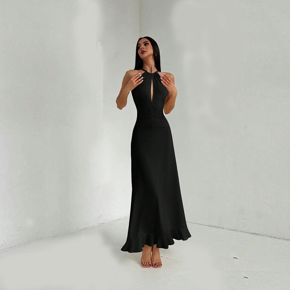 V-neck sleeveless halter maxi dress in black