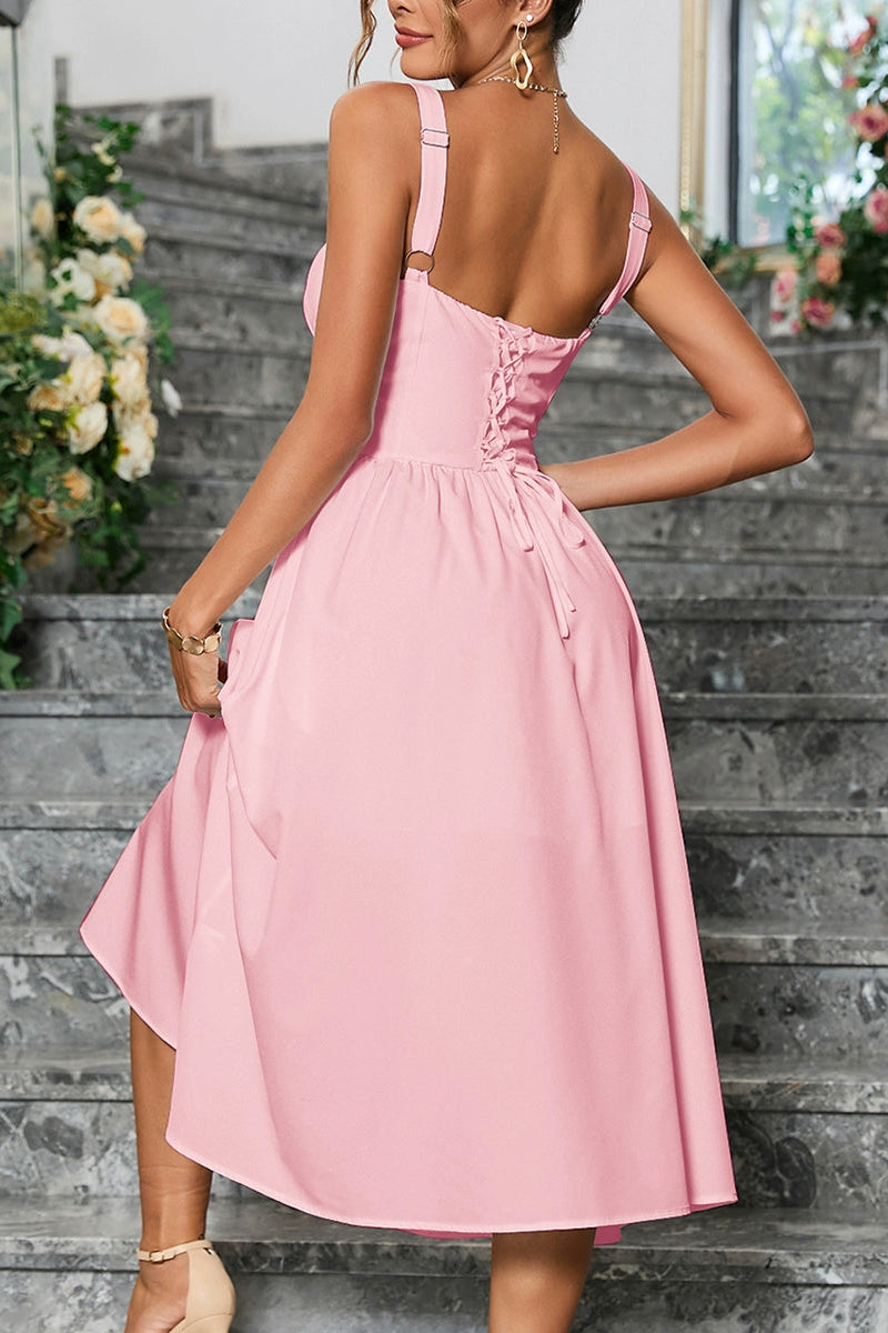 pink suspenders midi dress
