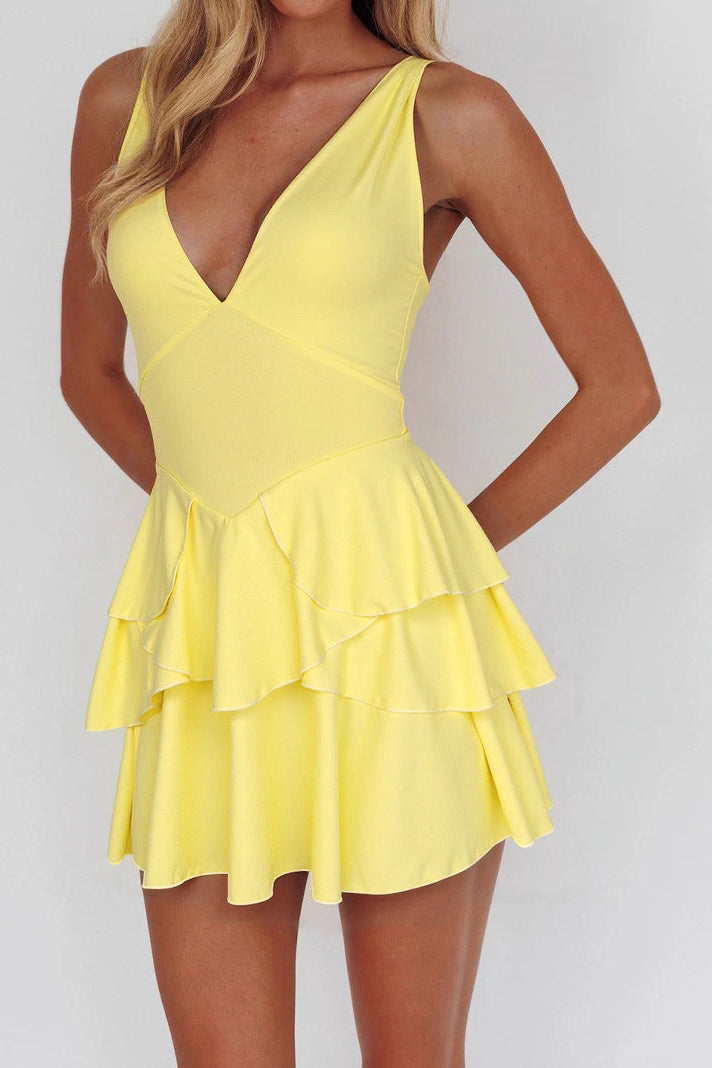Yellow Backless Mini Dress - Deep V-Neck Strappy Party Dress