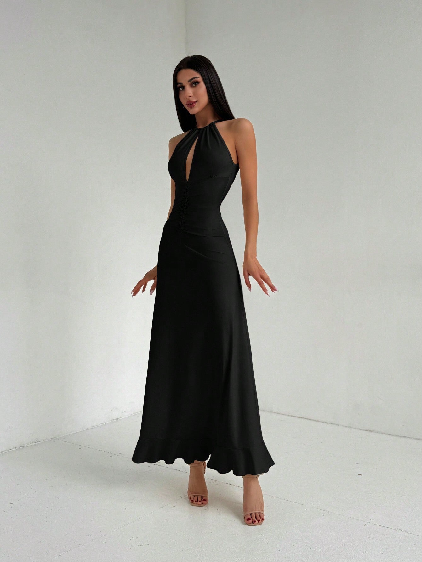 V-neck sleeveless halter maxi dress in black