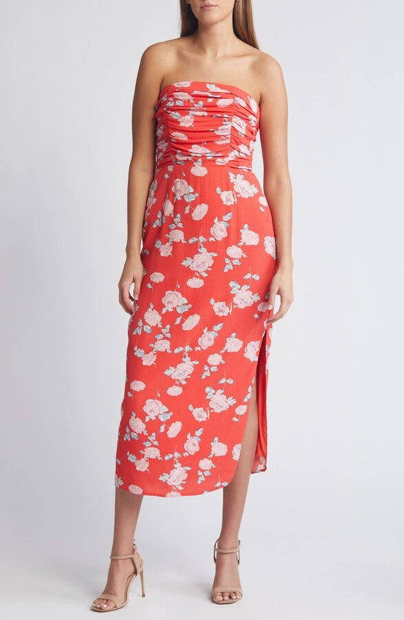 red floral pleated waist slit bandeau dress