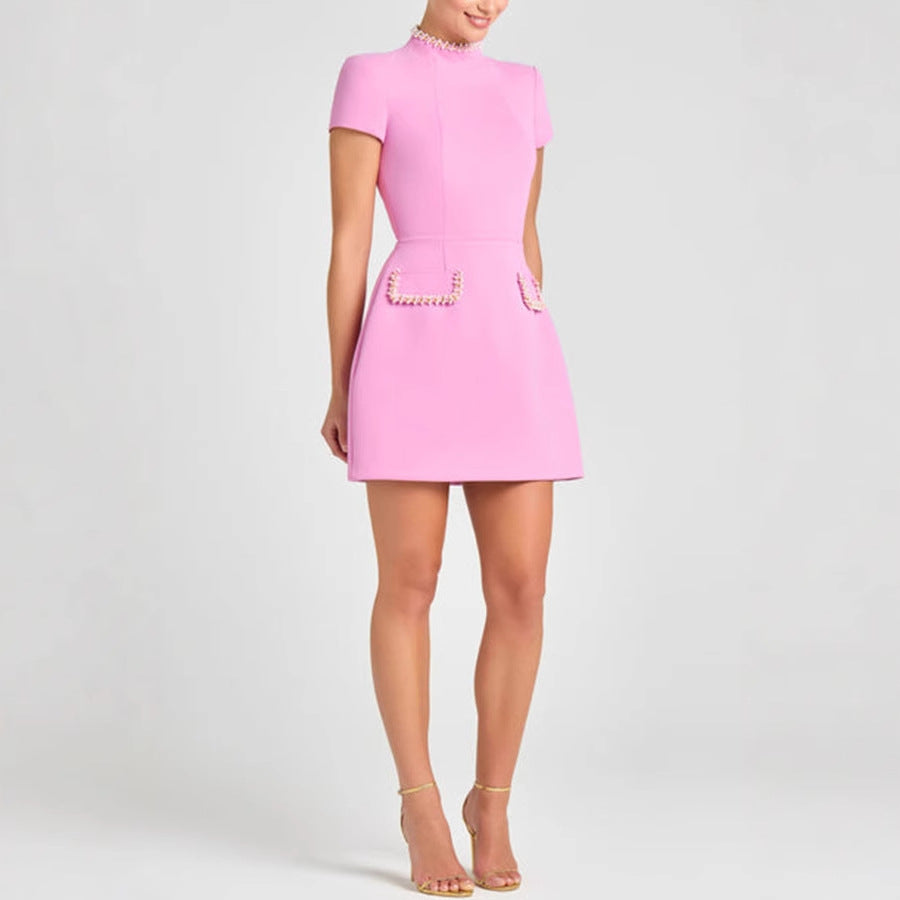 pink Round neck beaded mini dress