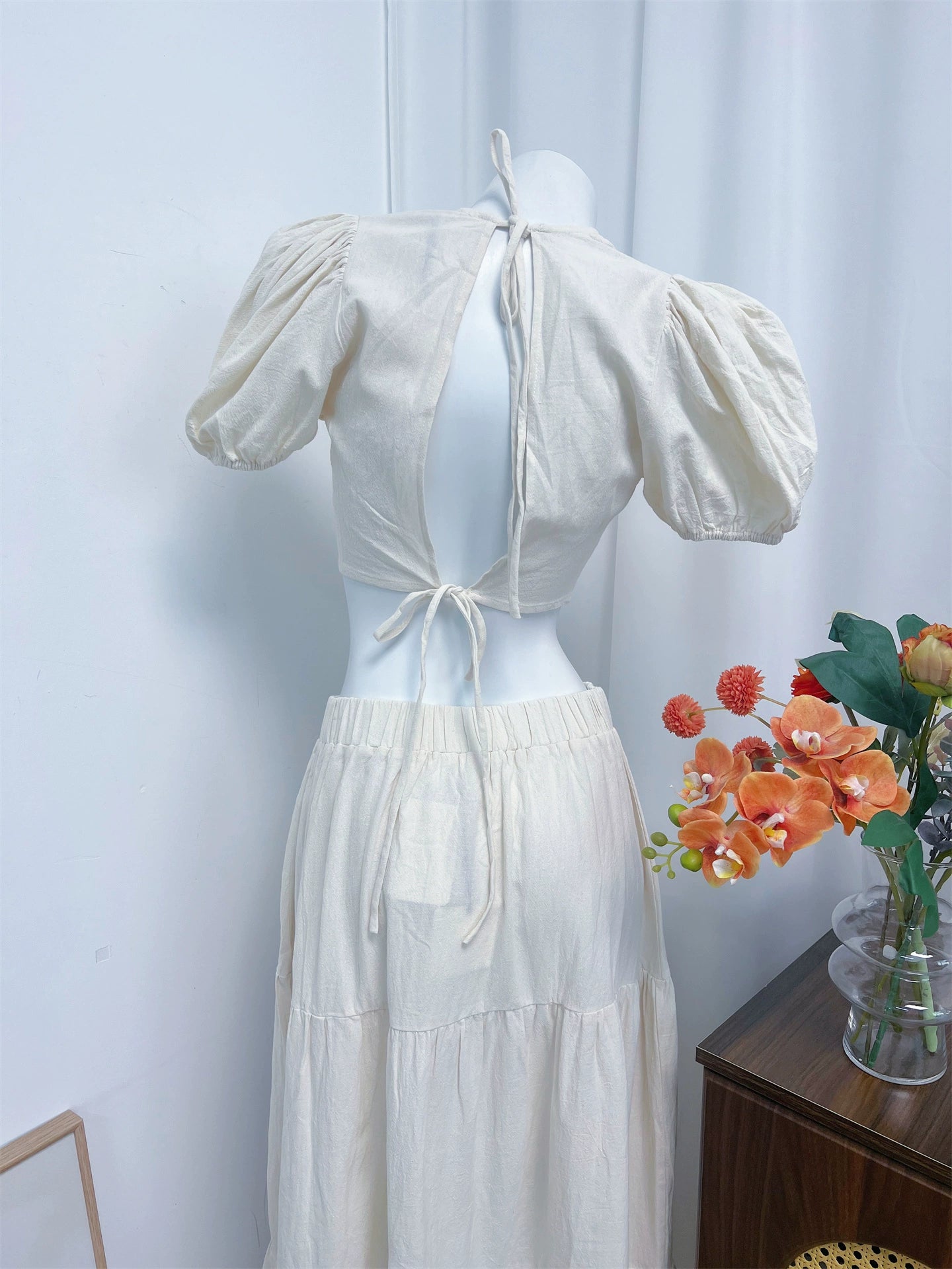 white two-tone crew neck crop top set