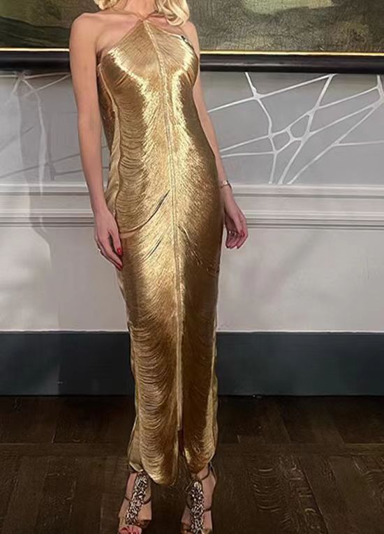 tassel rear slit halterneck dress