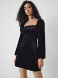 A-line square neck long-sleeved velvet mini dress