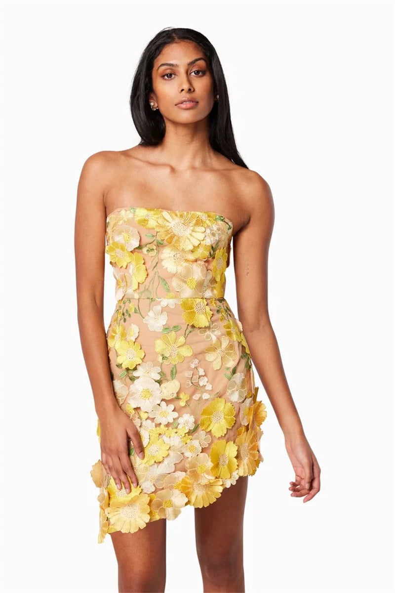 Yellow Floral Strapless Mini Dress - Summer Party Dress