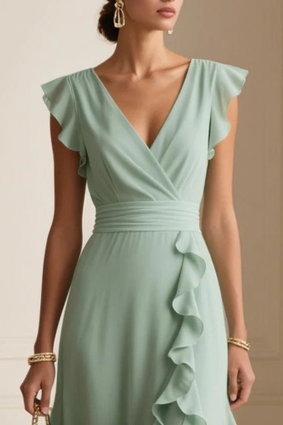 maxine green Pleated Sleeveless V-Neck maxi Dress