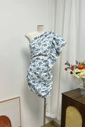 blue flower slanted shoulder flying sleeve dress